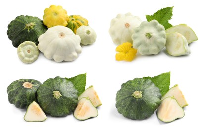 Image of Set with fresh ripe pattypan squashes on white background 