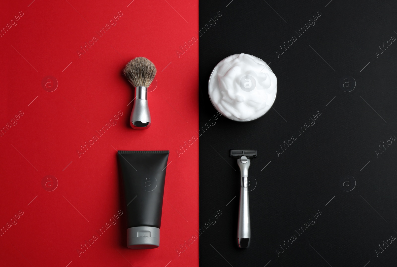 Photo of Set of shaving equipment and men's cosmetic products on color background, flat lay