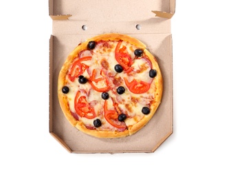 Photo of Open cardboard box with delicious pizza on white background, top view. Food delivery