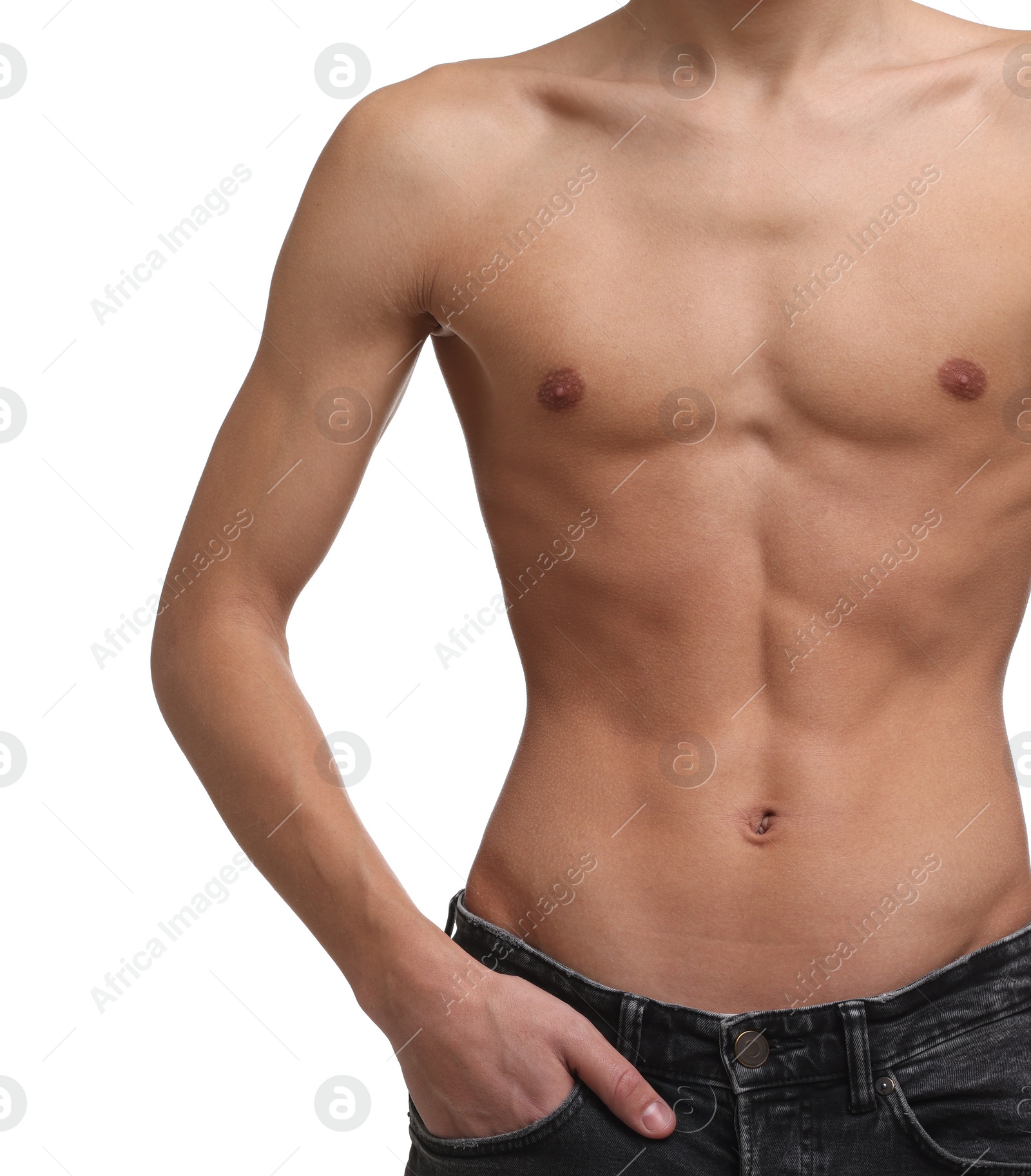 Photo of Shirtless man with slim body isolated on white, closeup