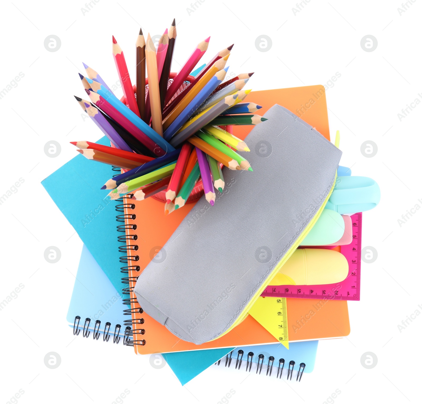 Photo of Many different school stationery isolated on white, top view