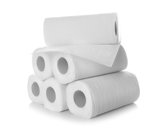 Rolls of paper towels on white background