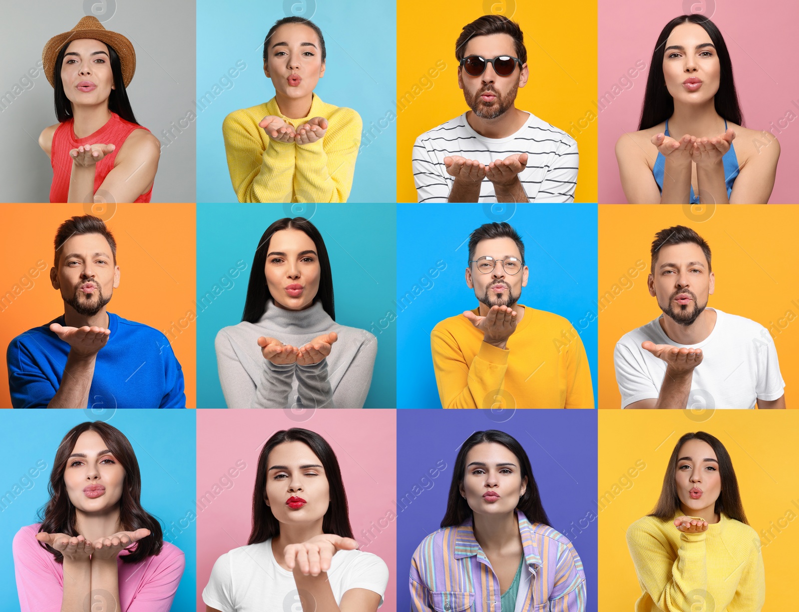 Image of Collage with photos of people blowing air kisses on different color background