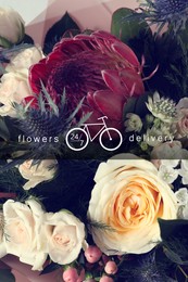 Image of Flowers delivery 24/7 service. Beautiful bouquet and illustration of bicycle