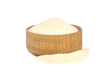 Photo of Gelatin powder and wooden bowl on white background