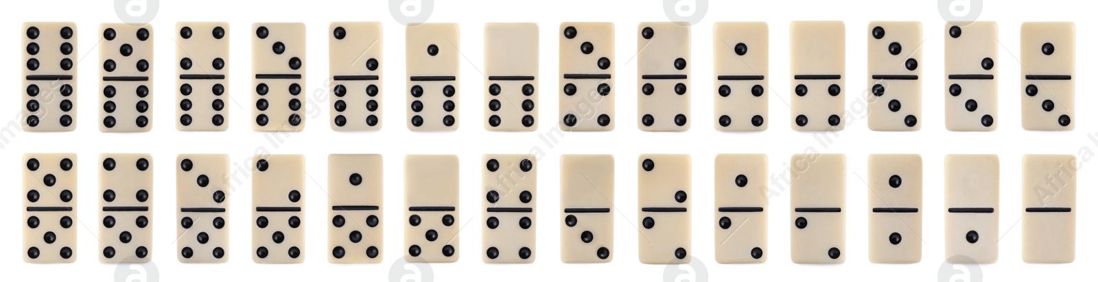 Image of Collection of classic domino tiles on white background, banner design