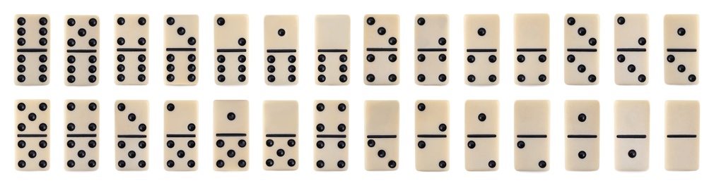 Image of Collection of classic domino tiles on white background, banner design