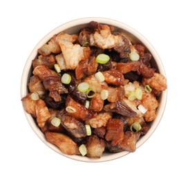 Tasty fried cracklings in bowl on white background, top view. Cooked pork lard