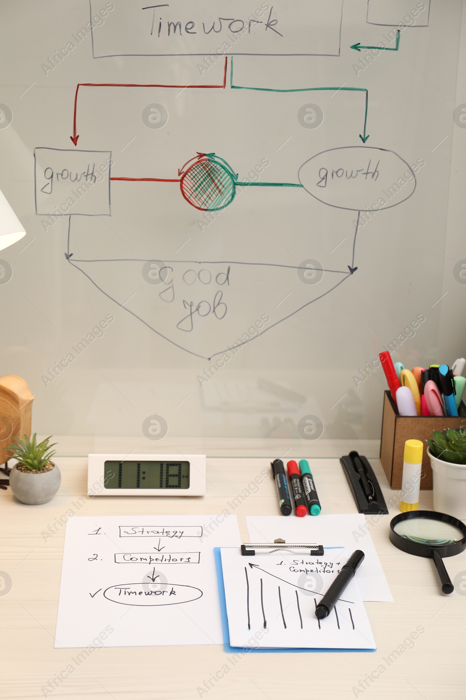 Photo of Business process planning and optimization. Workplace with notebook and stationery on white wooden table