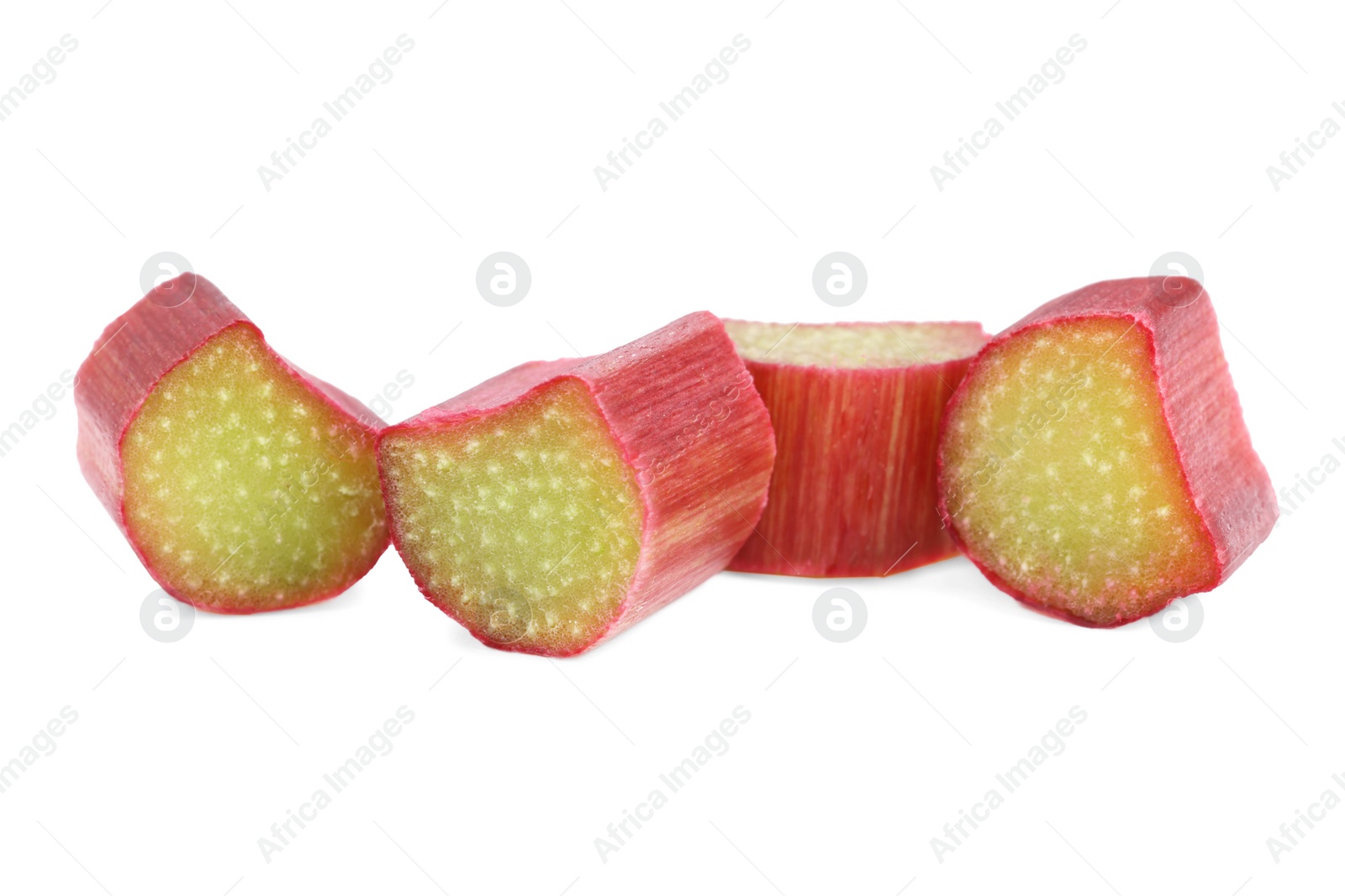 Photo of Pieces of ripe rhubarb isolated on white