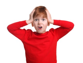 Portrait of surprised little boy on white background