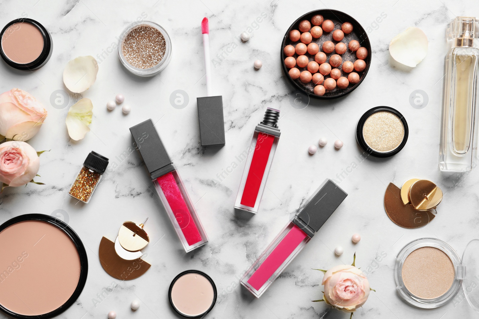 Photo of Beautiful composition with lipsticks on light background, flat lay