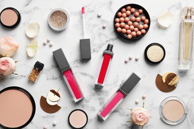 Photo of Beautiful composition with lipsticks on light background, flat lay