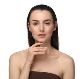 Portrait of beautiful young woman on white background