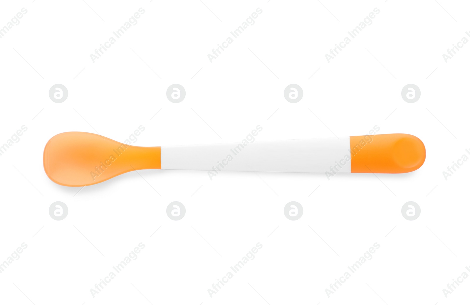 Photo of Plastic spoon isolated on white, top view. Serving baby food