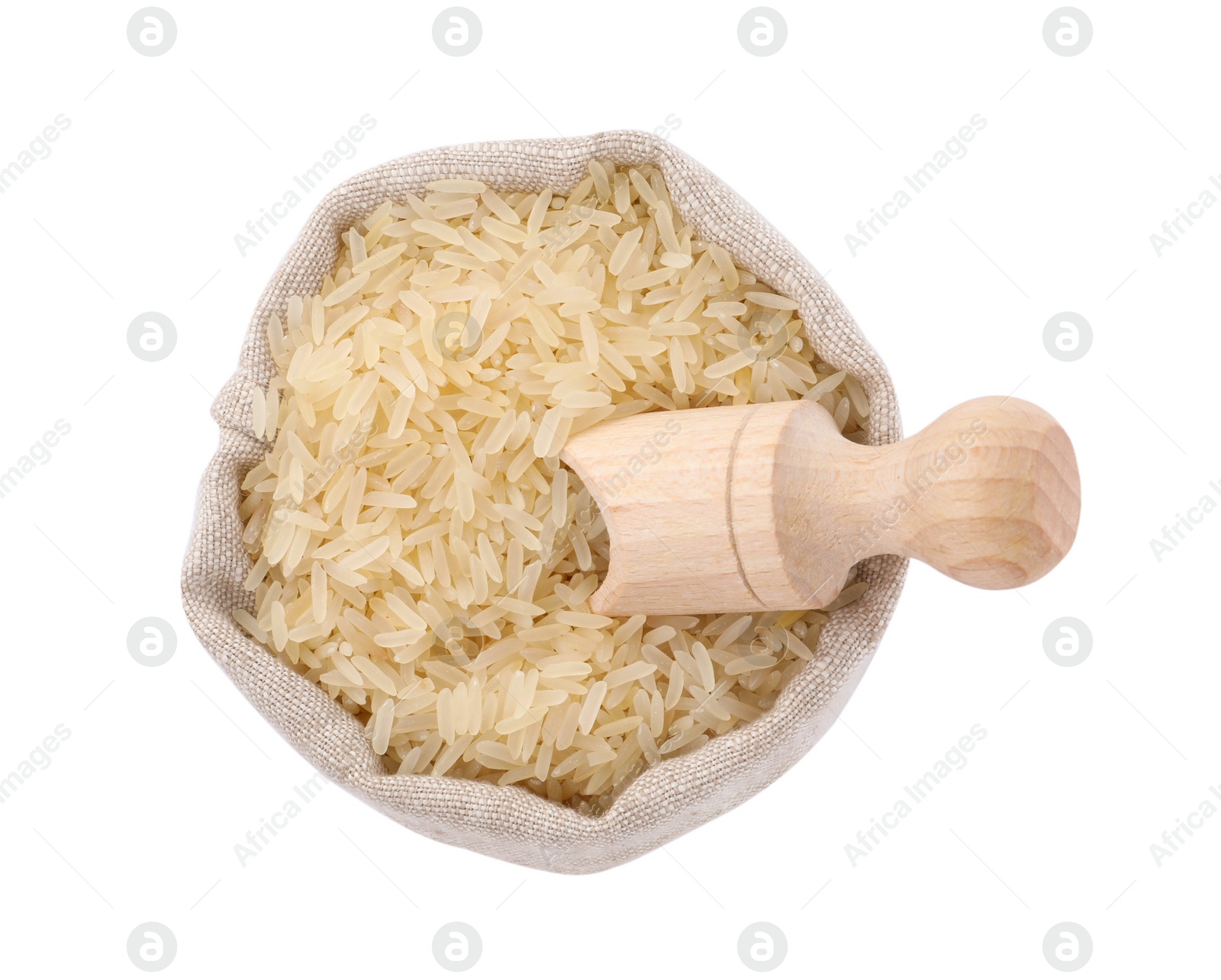 Photo of Raw rice in sack isolated on white, top view