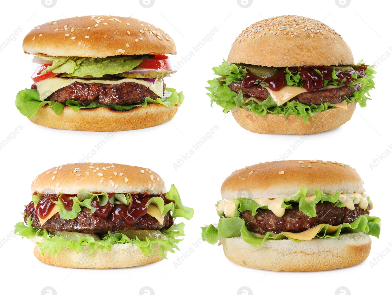 Image of Burgers with delicious patties isolated on white, set