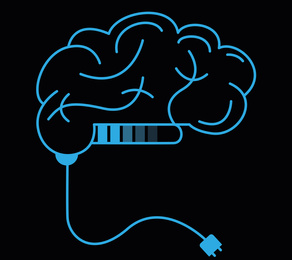Illustration of  human brain with plug on black background