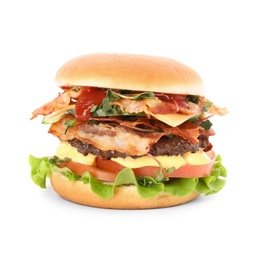 Photo of Tasty burger with bacon isolated on white