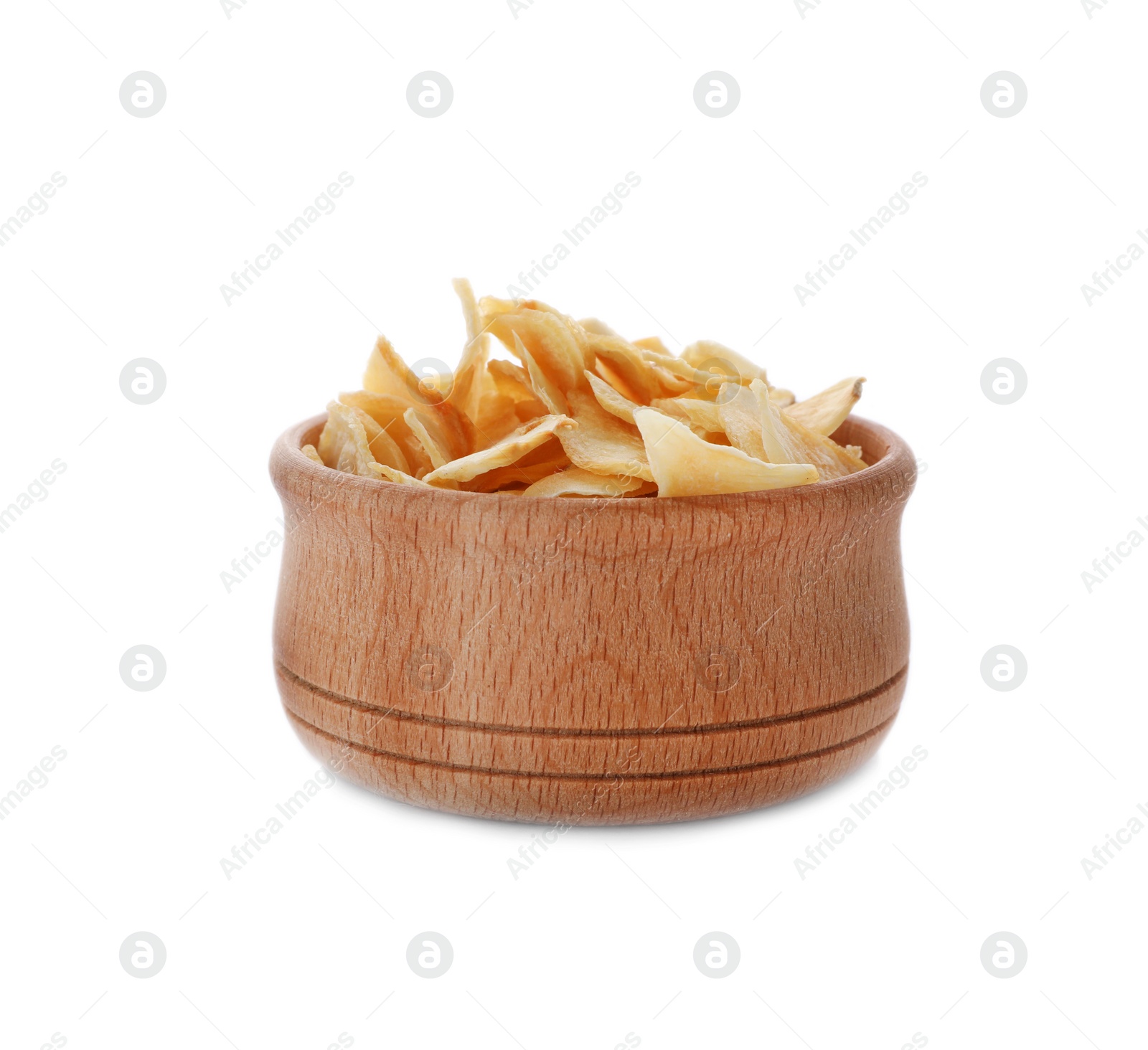 Photo of Small bowl with dried garlic flakes on white background. Different spices for cooking