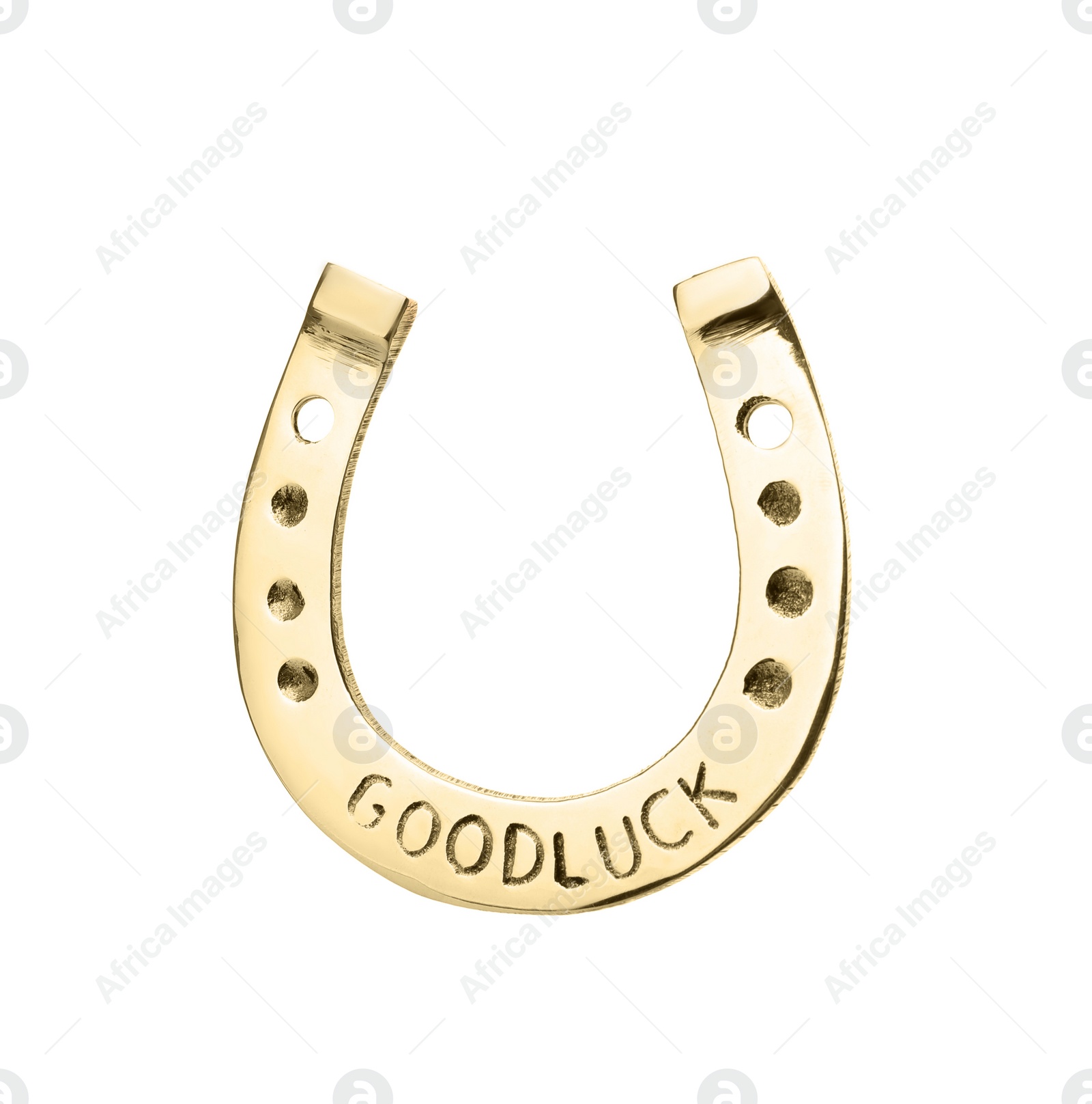 Photo of Golden horseshoe with phrase GOOD LUCK isolated on white. St. Patrick's Day celebration