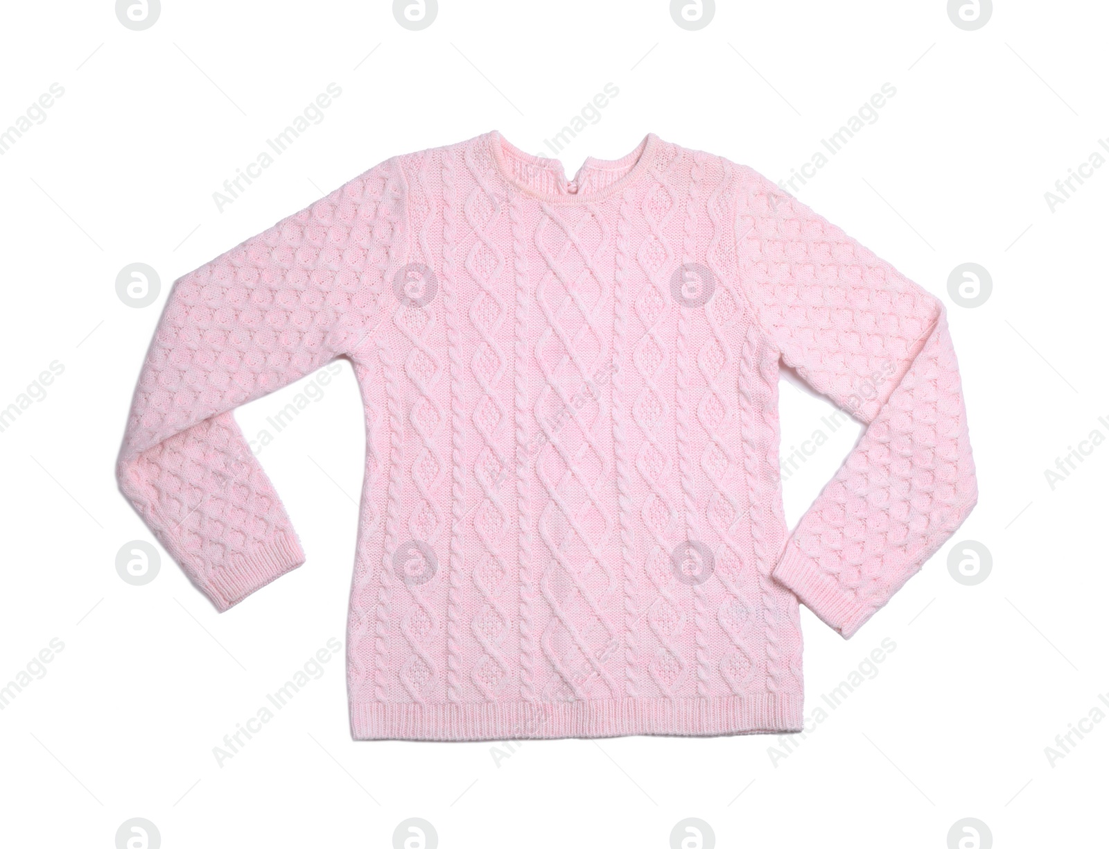 Photo of Pink knitted sweater on white background, top view