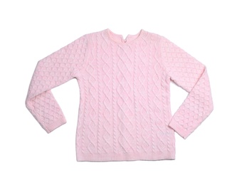 Pink knitted sweater on white background, top view