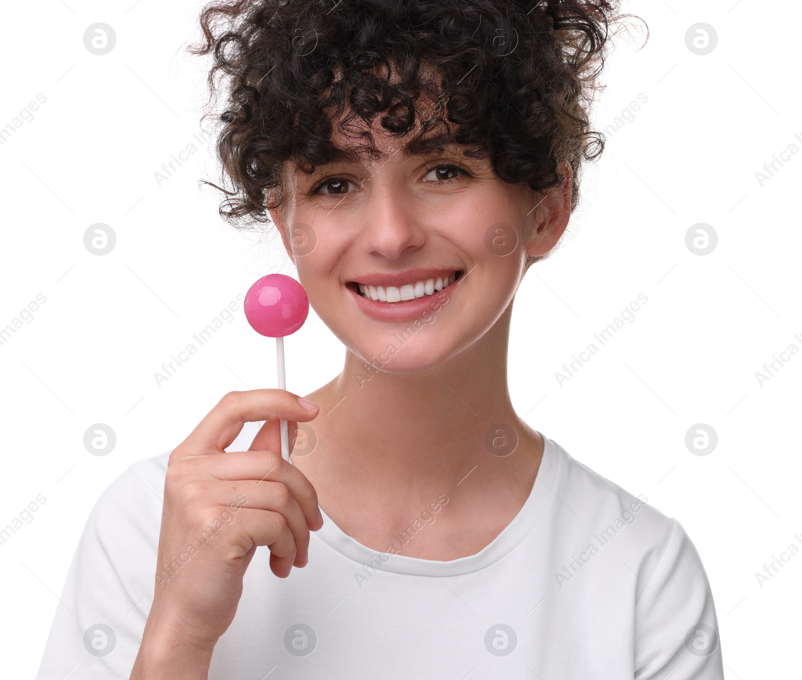 Photo of Beautiful woman with lollipop on white background