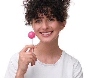 Photo of Beautiful woman with lollipop on white background