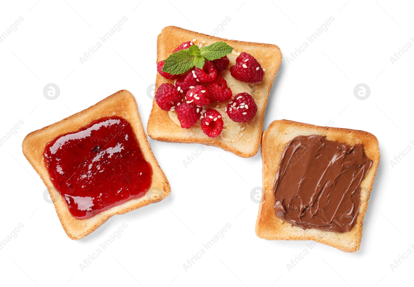 Photo of Tasty toasts with different spreads and fruits on white background, top view