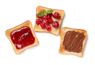 Tasty toasts with different spreads and fruits on white background, top view