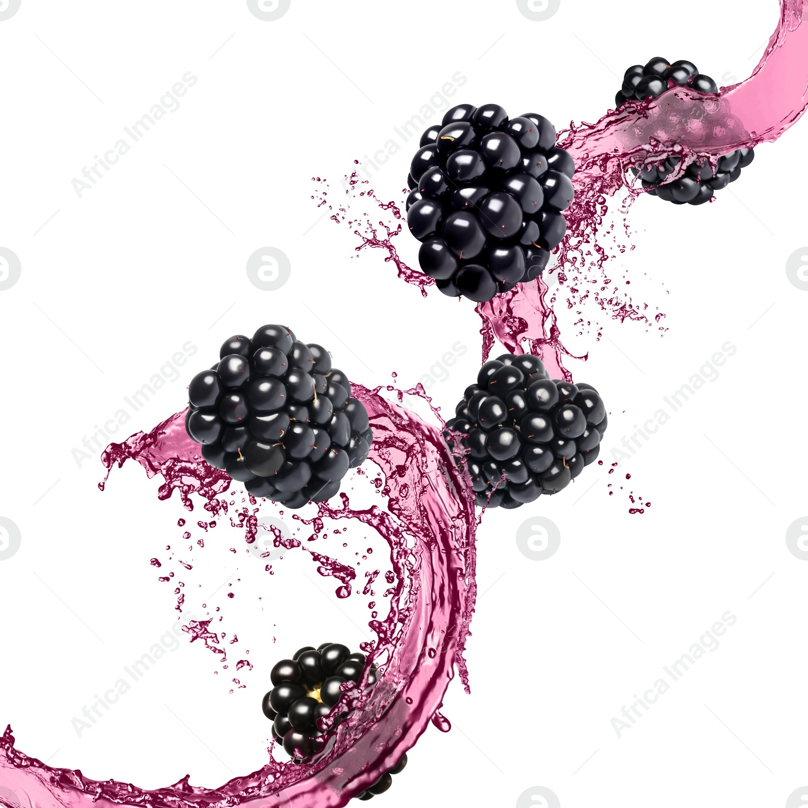 Image of Fresh blackberries and juice in air on white background