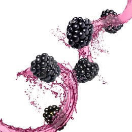 Image of Fresh blackberries and juice in air on white background