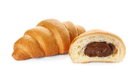 Delicious fresh croissants with chocolate isolated on white