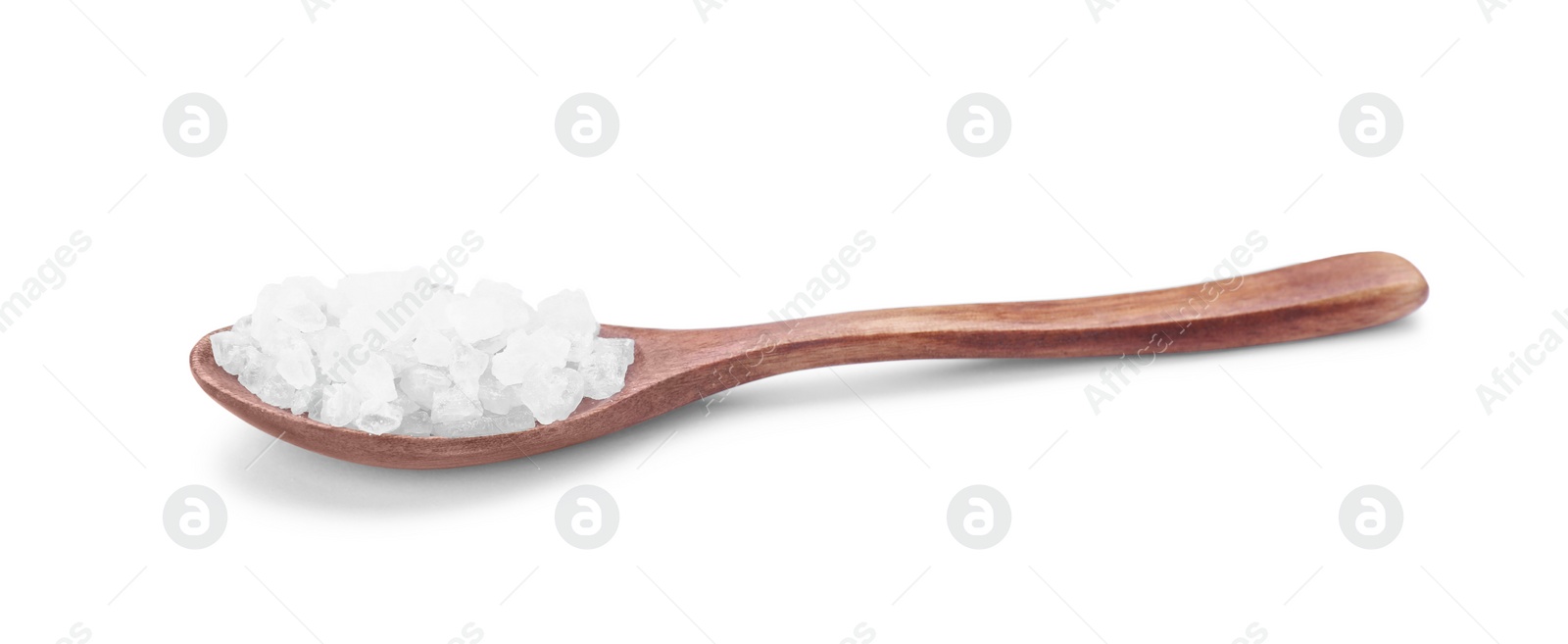 Photo of Wooden spoon with natural sea salt isolated on white