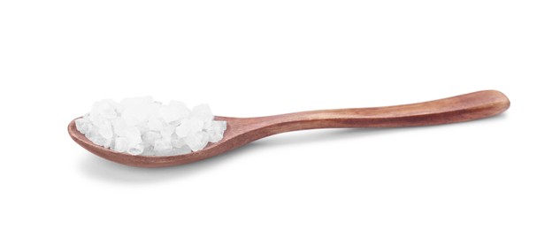 Photo of Wooden spoon with natural sea salt isolated on white