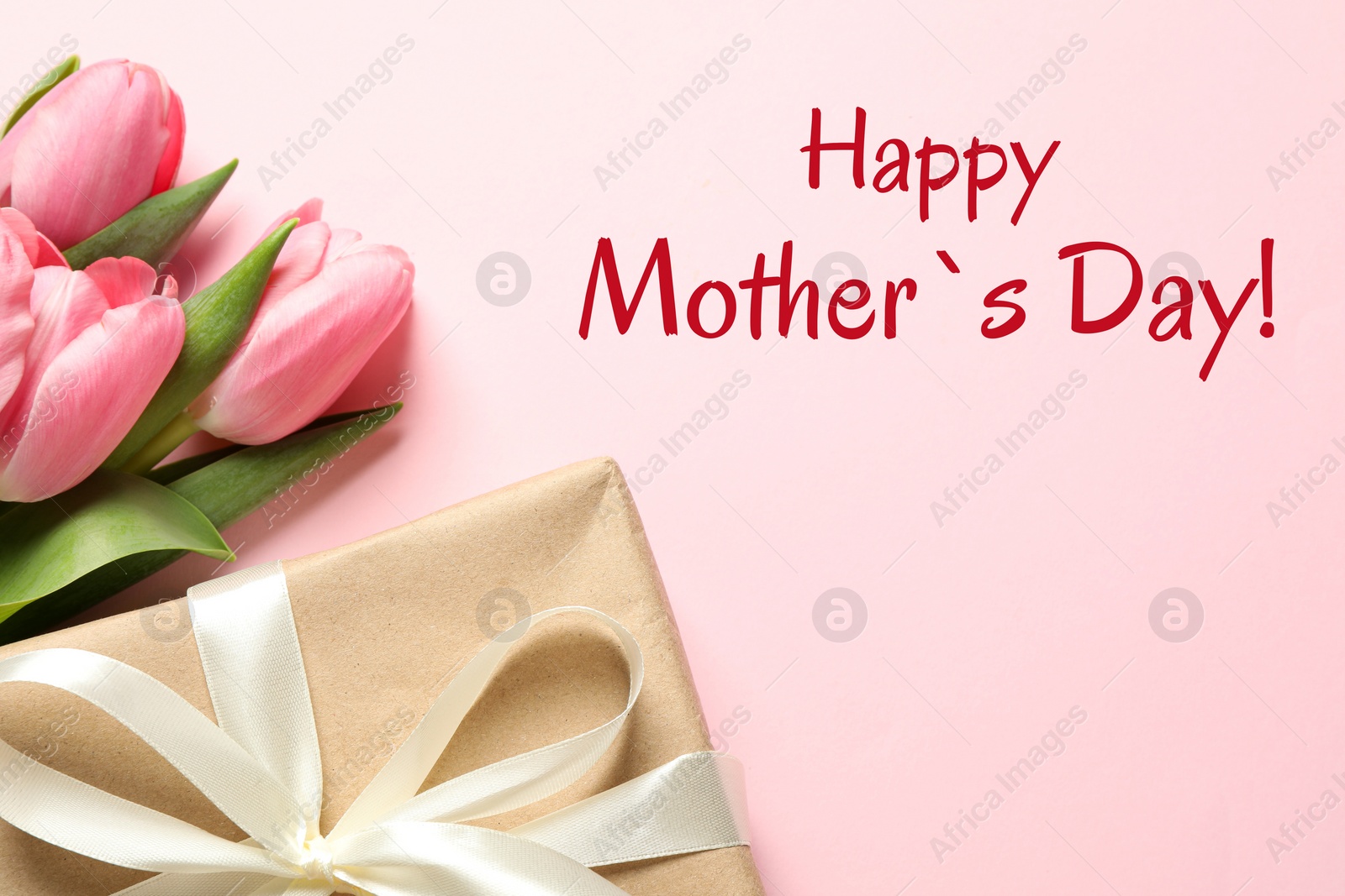 Image of Happy Mother's Day greeting card. Beautiful tulip flowers and gift box on pink background