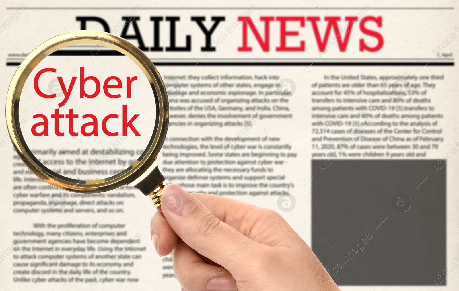 Image of Woman using magnifying glass to read newspaper with headline CYBER ATTACK, closeup