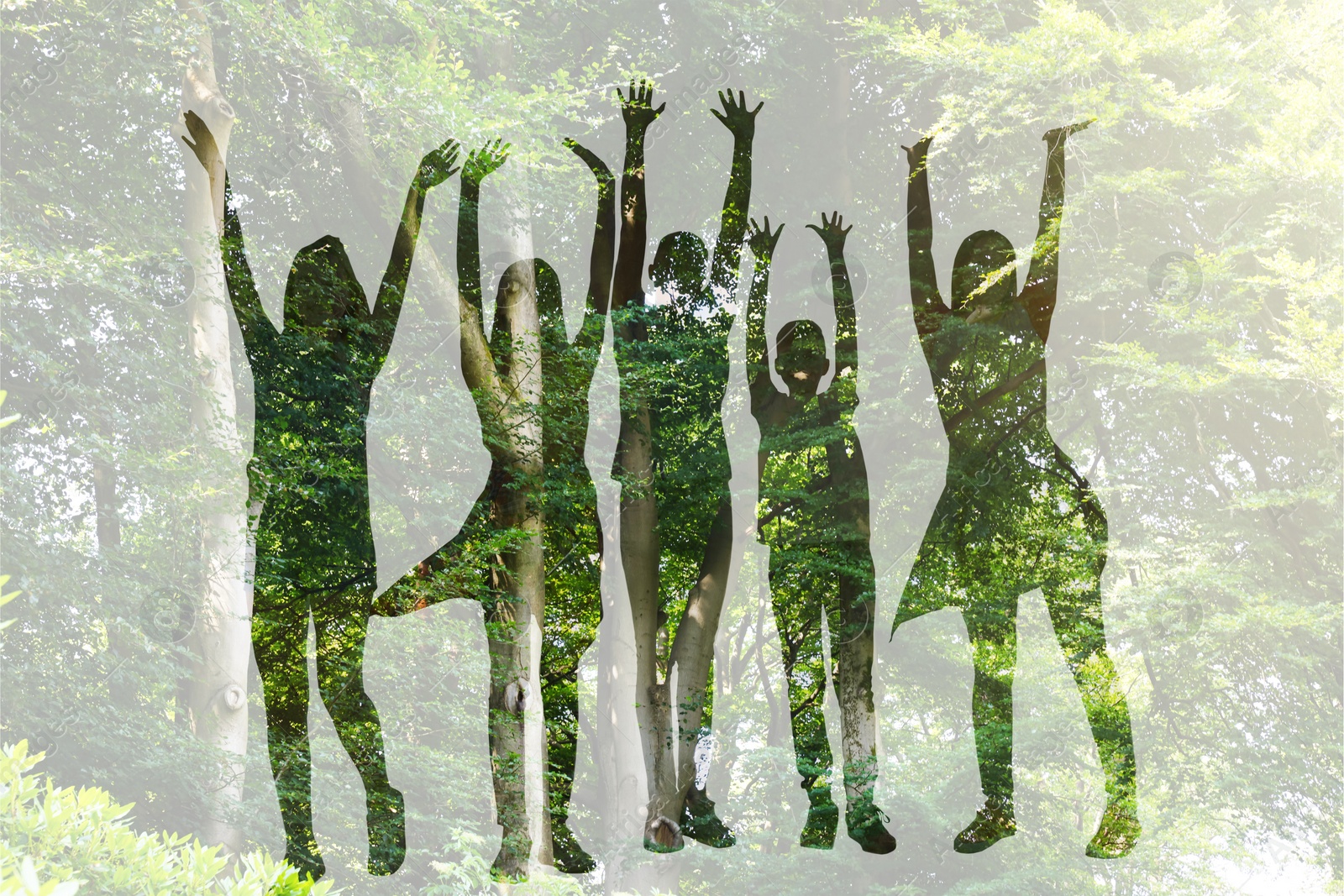 Image of Silhouettes of children and forest, double exposure