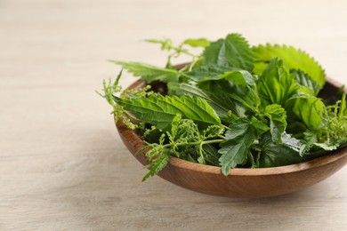 Fresh stinging nettle leaves in bowl on white wooden table, closeup. Space for text