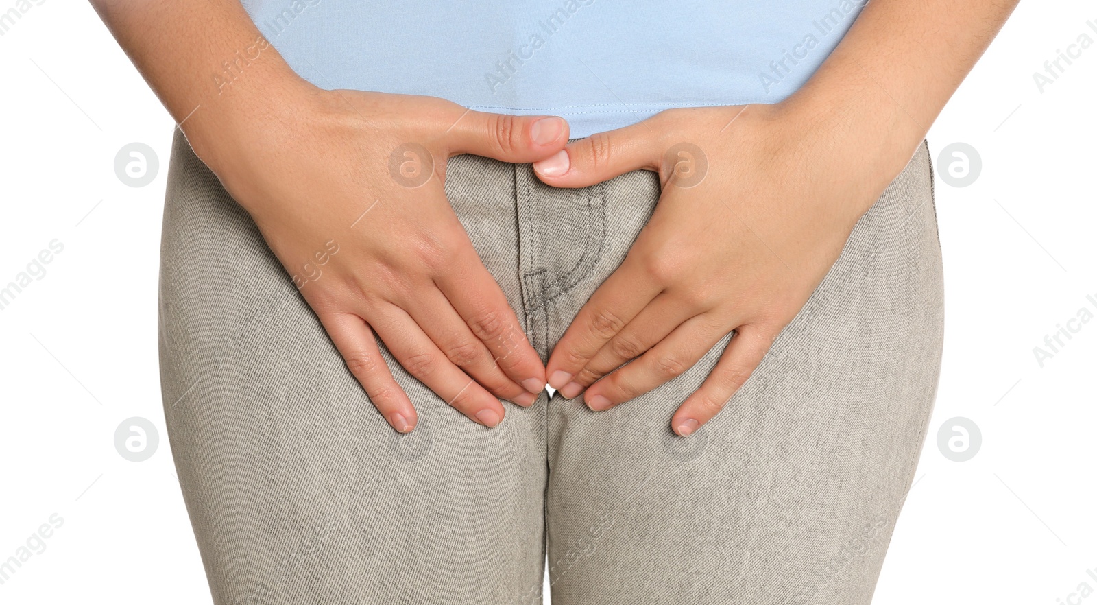 Photo of Woman suffering from genital herpes on white background, closeup