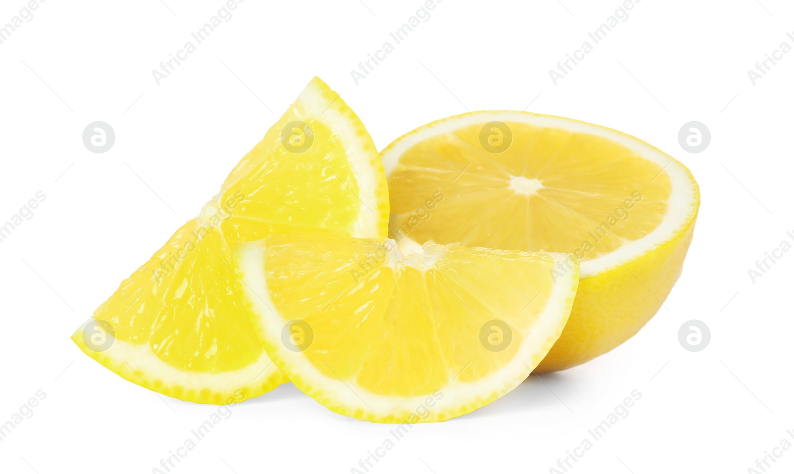 Photo of Fresh cut juicy lemons on white background