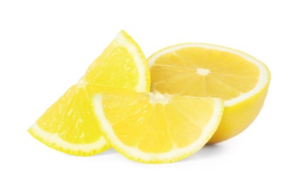 Photo of Fresh cut juicy lemons on white background