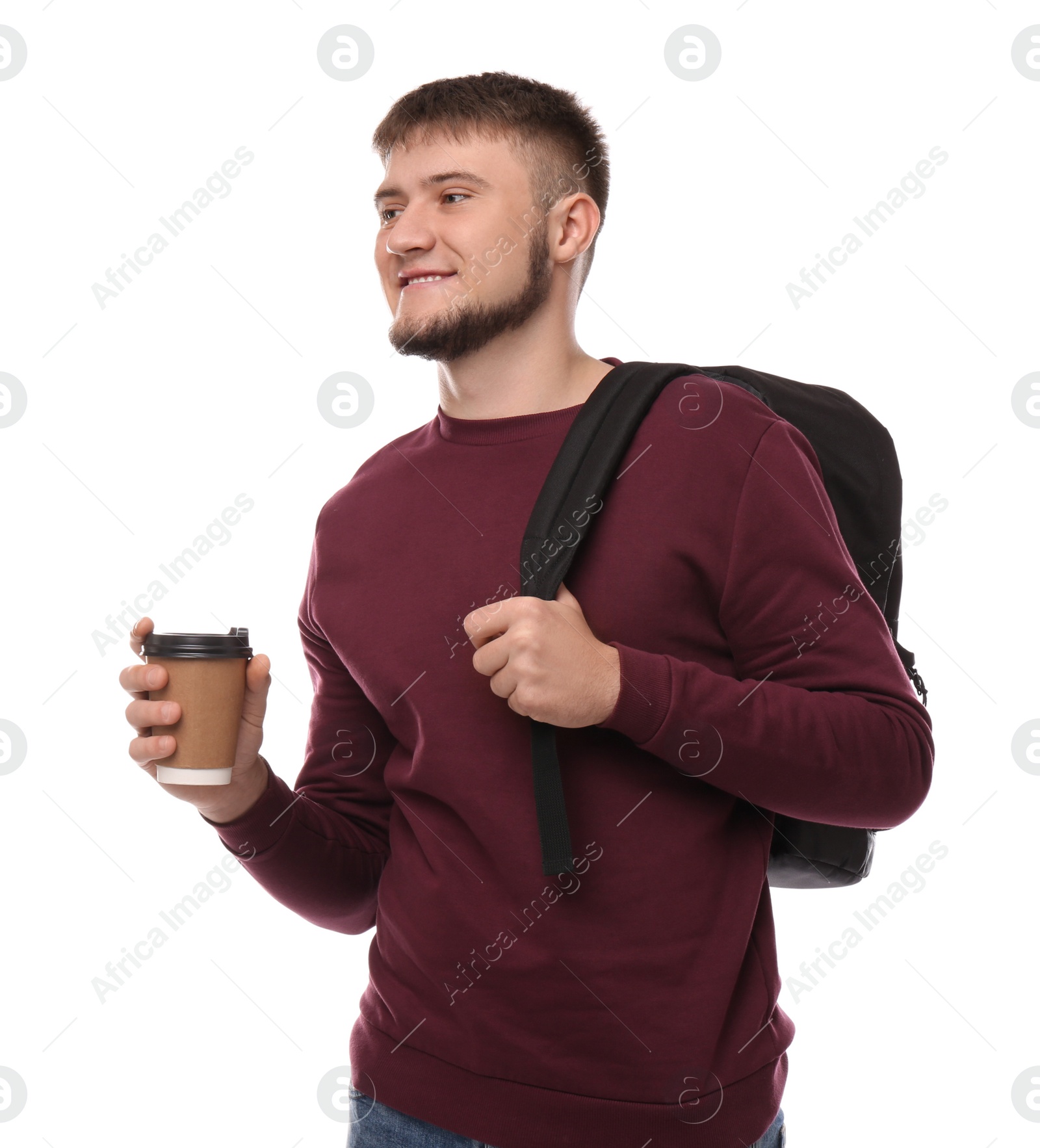 Photo of Young student with backpack and cup of coffee on white background