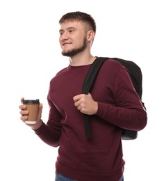 Young student with backpack and cup of coffee on white background