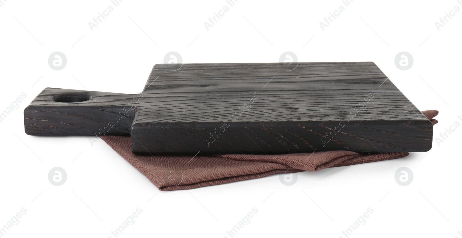 Photo of Black wooden cutting board and napkin isolated on white