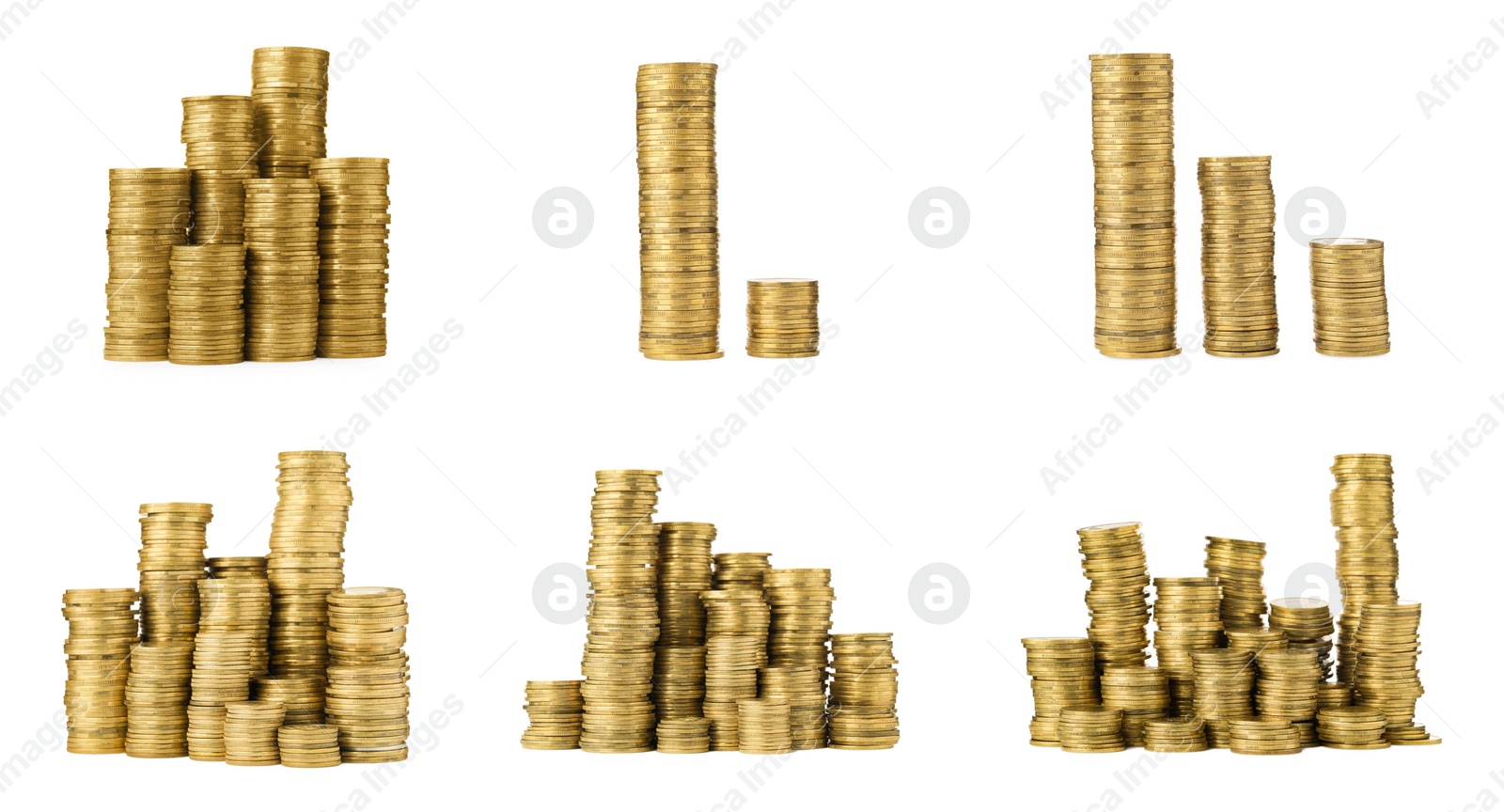Image of Set with different stacked coins on white background. Banner design