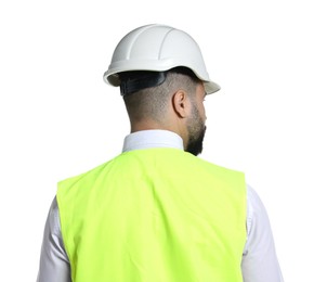 Photo of Engineer in hard hat on white background