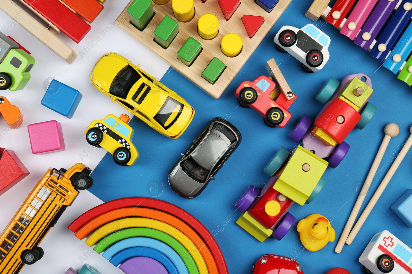 Photo of Different children's toys on color background, flat lay