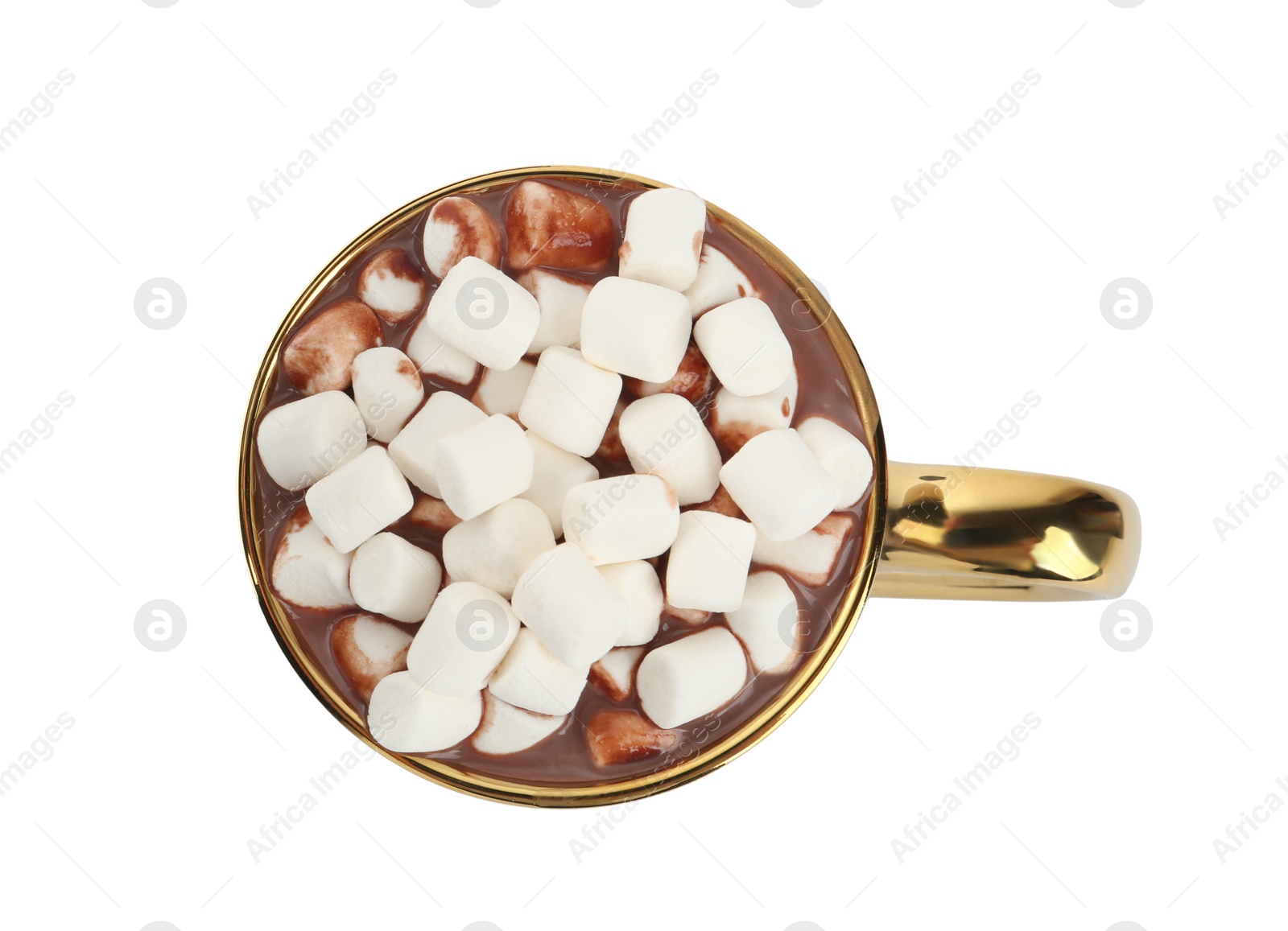 Photo of Cup of delicious hot chocolate with marshmallows isolated on white, top view